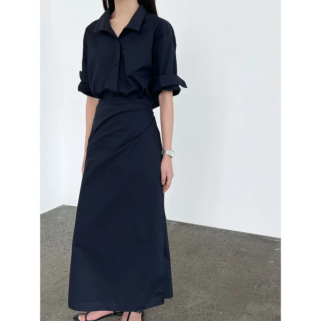 韩版设计感系带V领收腰连衣裙女夏季新款显瘦衬衫长裙子9731