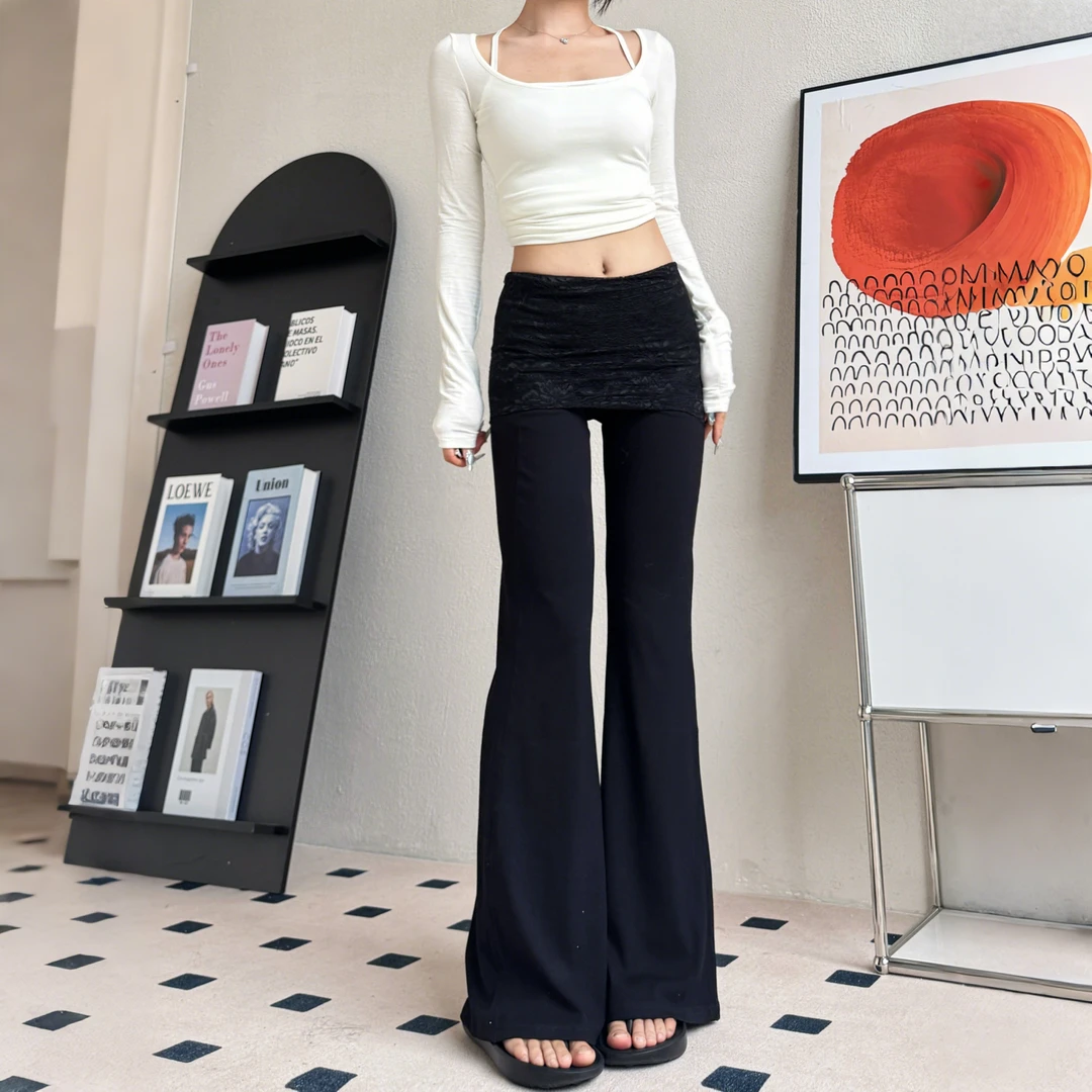 语宸高腰蕾丝翻边设计感微喇裤女时尚百搭显瘦显高休闲拖地长裤