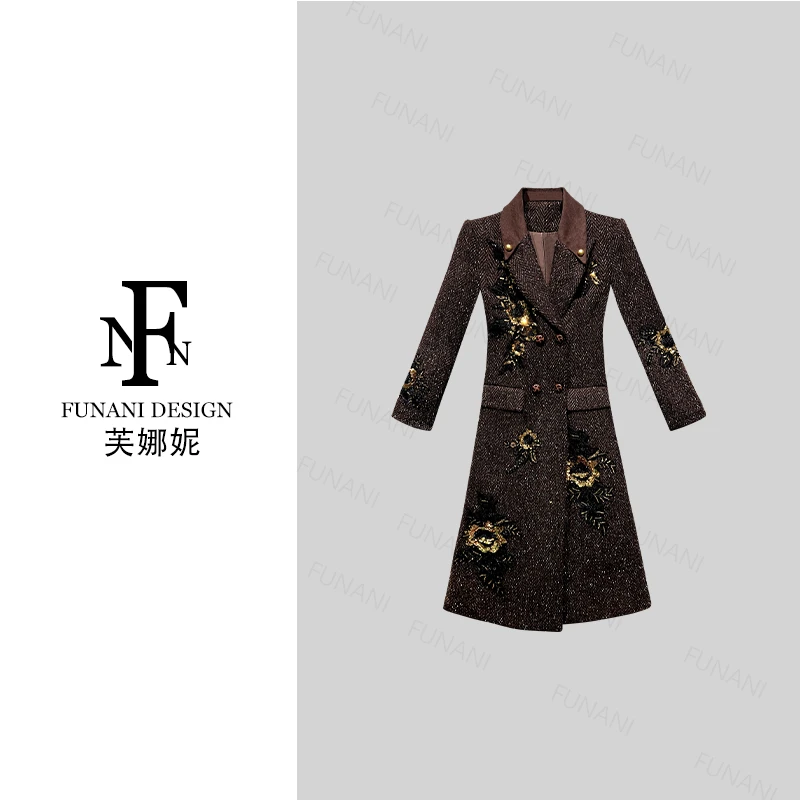 【芙娜妮】加厚显瘦时尚女装2025秋冬人字纹保暖大衣外套FG2531039A