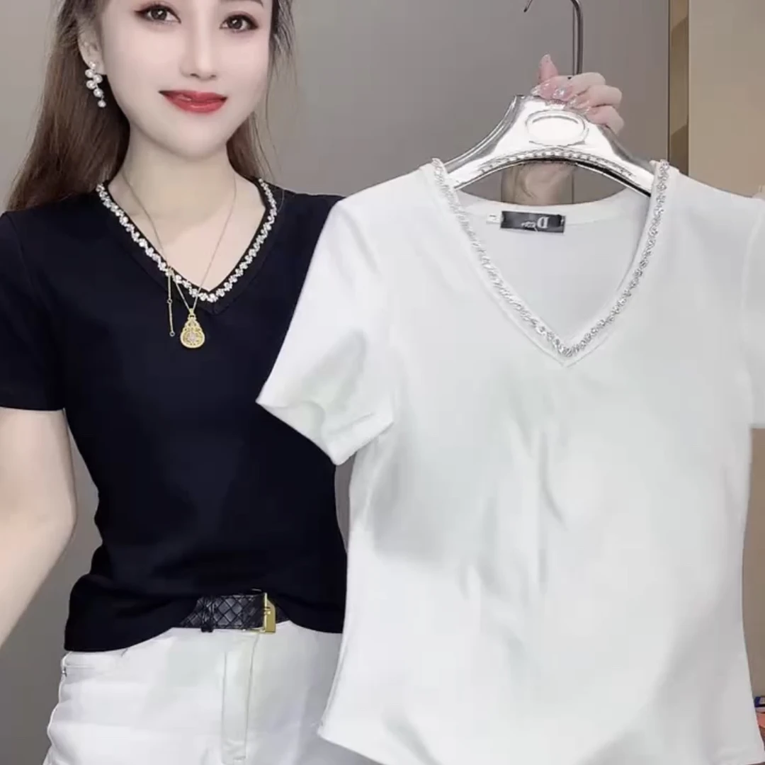 新款女款百搭时尚显瘦夏季V领重工手工串珠短袖纯色T恤