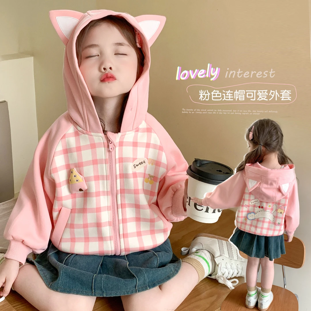 女童猫咪格子外套洋气儿童春秋季新款女宝宝休闲上衣小女孩开衫潮