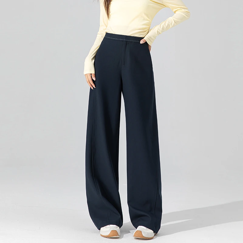 高级感藏蓝色裤子女2025新款秋季天丝羊毛宽松阔腿裤垂坠感西装裤