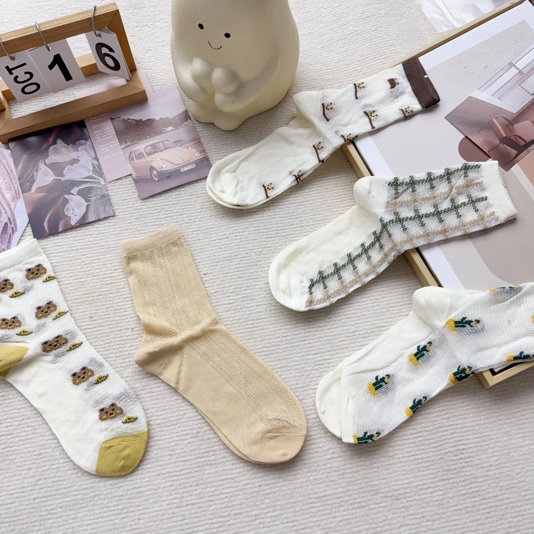 XQ-100 十双夏季中筒袜春季薄款植物花卉卡通透气森系中筒袜