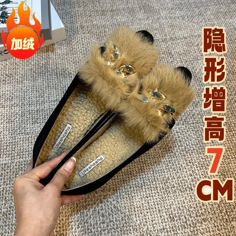 秋冬新款内增高加绒玛丽珍仙女风毛鞋女外穿晚晚风小个子保暖单鞋