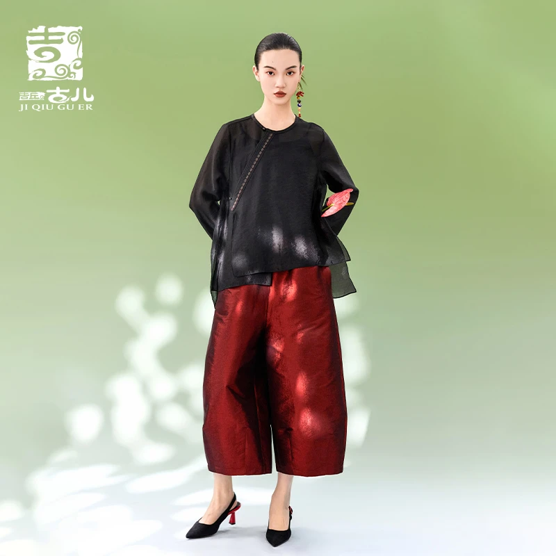 吉丘古儿晚风浮动中式上衣民族风织带不对称设计衬衫上衣G241Y003