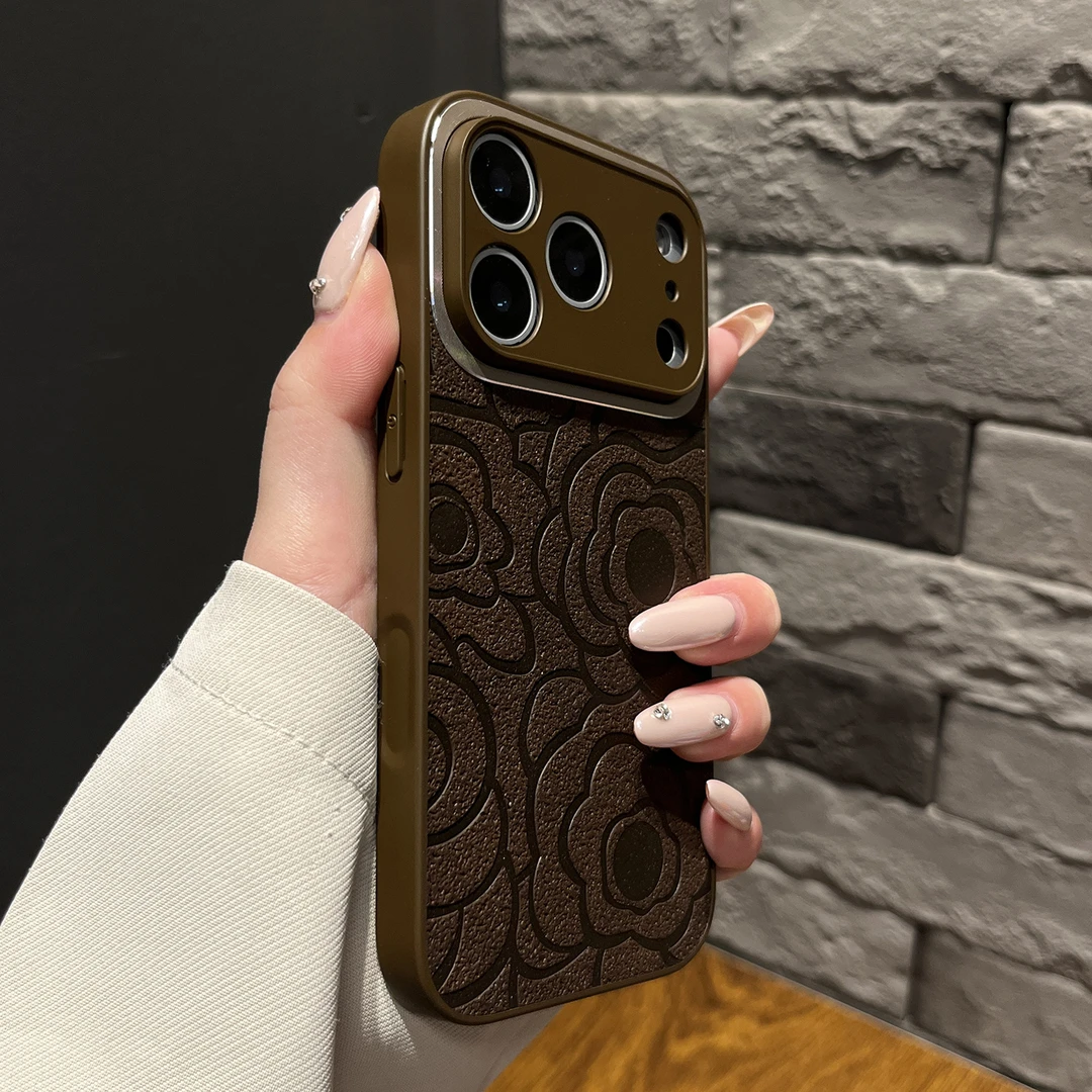 山茶花皮纹适用苹果17promax手机壳iPhone网红女款高档复古小香风