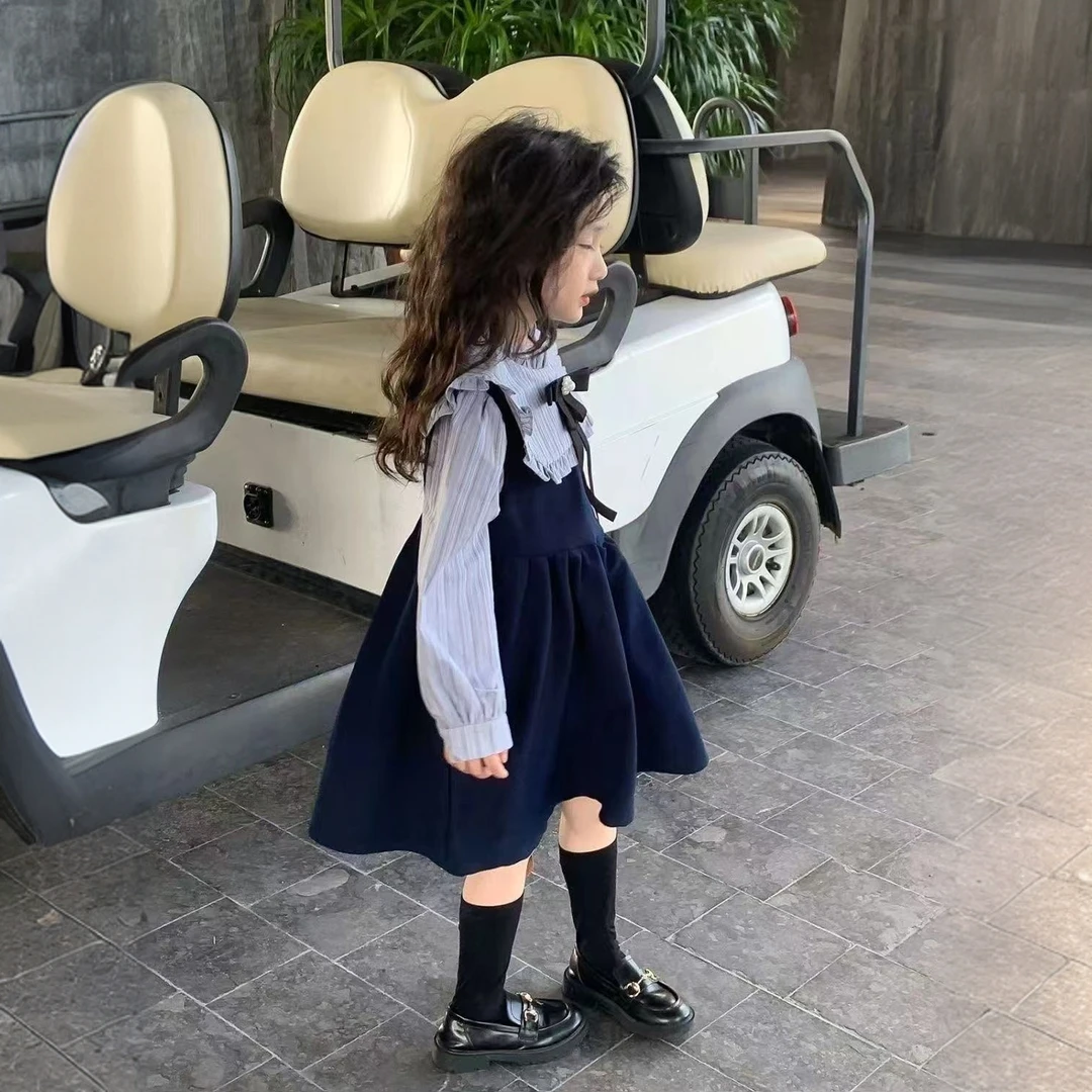 2025春秋学院风童装女童条纹拼接儿童裙子连衣裙洋气公主裙花边裙