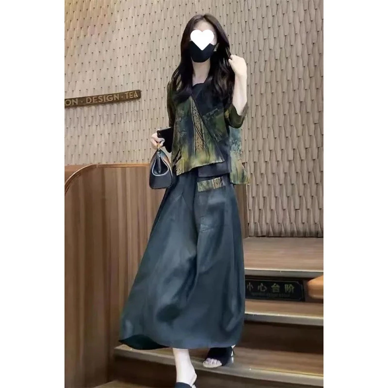 高端香云纱桑蚕丝连衣裙2025夏季新款复古印花重磅真丝裙两件套装