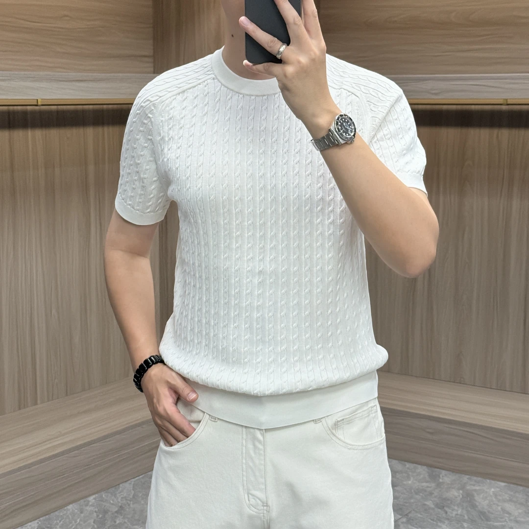 早秋男士圆领针织雅痞毛衣商务休闲百搭马鞍肩扭花针织短袖时尚潮