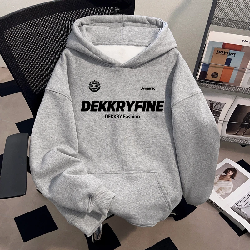 Dekkry潮流百搭字母印花浅灰色秋冬连帽卫衣男女港风加绒加厚上衣