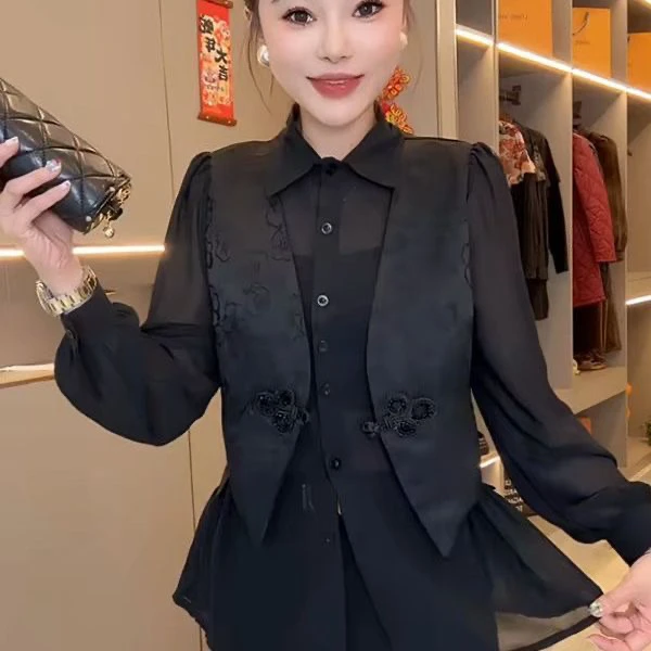 中式轻奢纽扣长袖防晒修身型春季衬衫拼接时尚秋季国风网红百搭