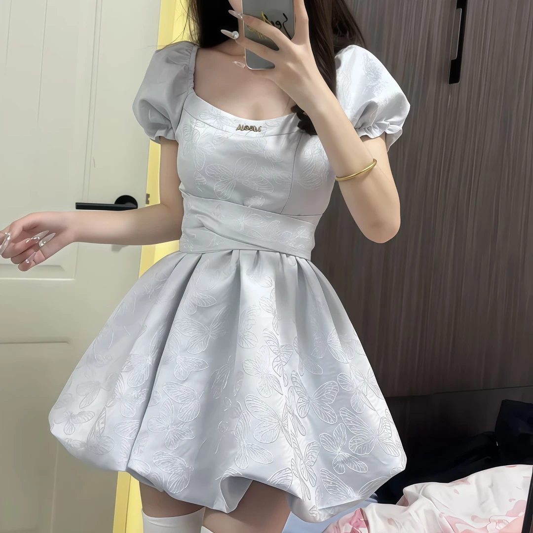 iqcq气球熊法式初恋蓝色提花方领连衣裙女夏泡泡袖甜美公主花苞裙