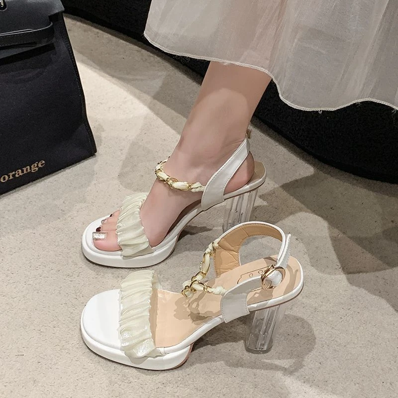 清仓凉鞋女2025夏新款年轻漂亮流行时尚一字带水晶跟女士高跟凉鞋