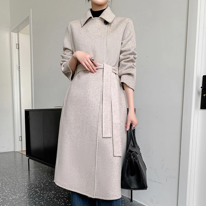 羊毛大衣圆领中长款过膝腰带双面呢子韩版2025年女款流行外套秋冬