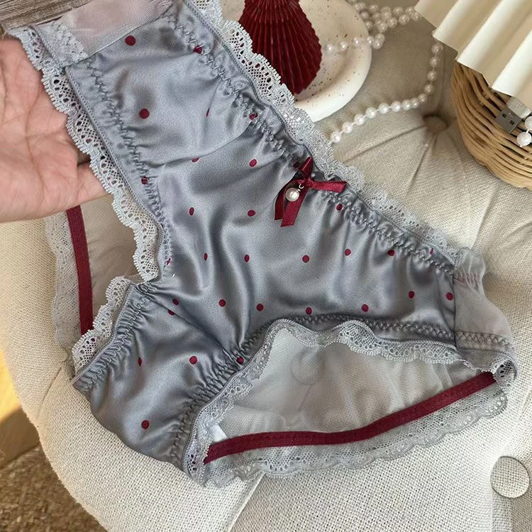 少女甜美内裤光泽缎面透气波点三角裤蕾丝边纯欲风