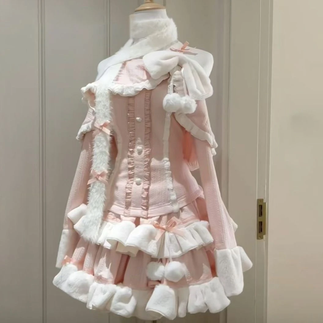 2025款日系甜美千金少女粉色软妹风一字肩拼接上衣蛋糕短裙两件套