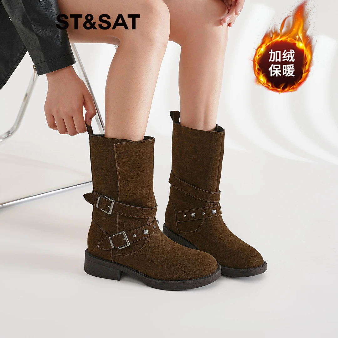 星期六加绒复古短靴女2025新款秋冬季厚底马丁靴中筒靴西部牛仔靴