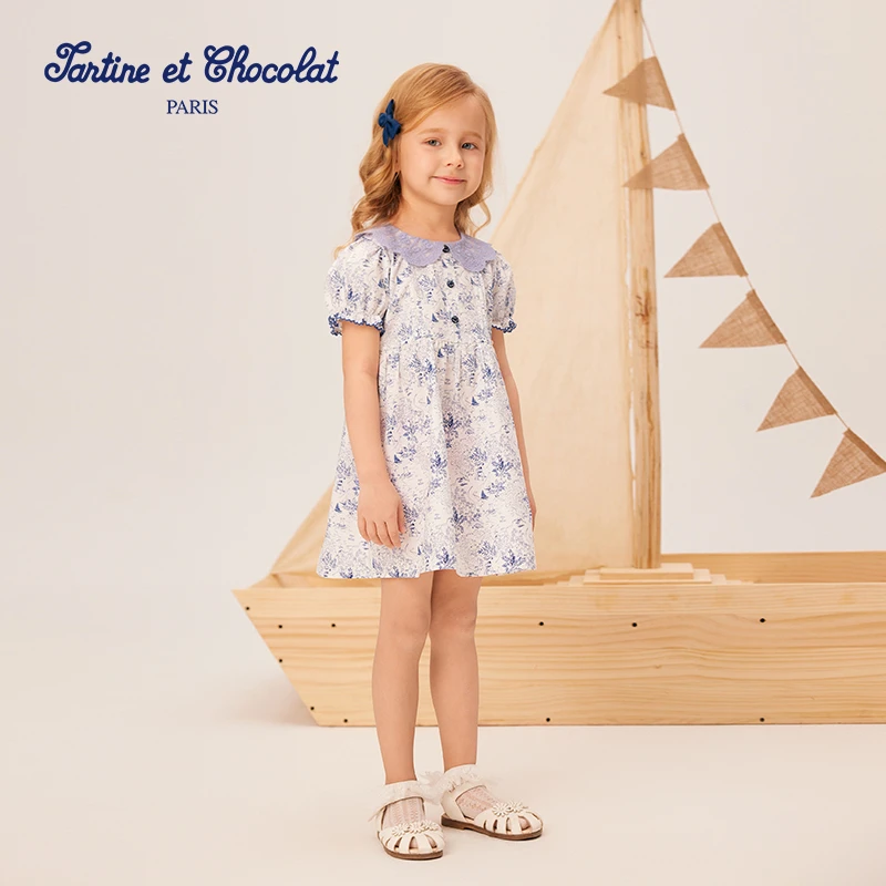 TC法国巧克力童装25夏新品女童蕾丝领碎花连衣裙