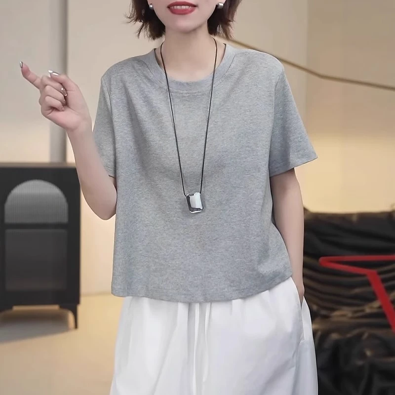 设计感宽松显瘦上衣2025新款胖MM大码女装圆领后背单排扣短袖T恤