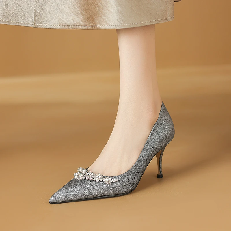 7.5cm法式水钻尖头细跟高跟鞋真皮高级感伴娘鞋银色尖头气质女鞋