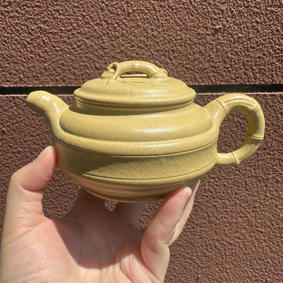 宜兴紫砂双线竹鼓，本山绿泥段容量260cc原矿，薄胎半手工
