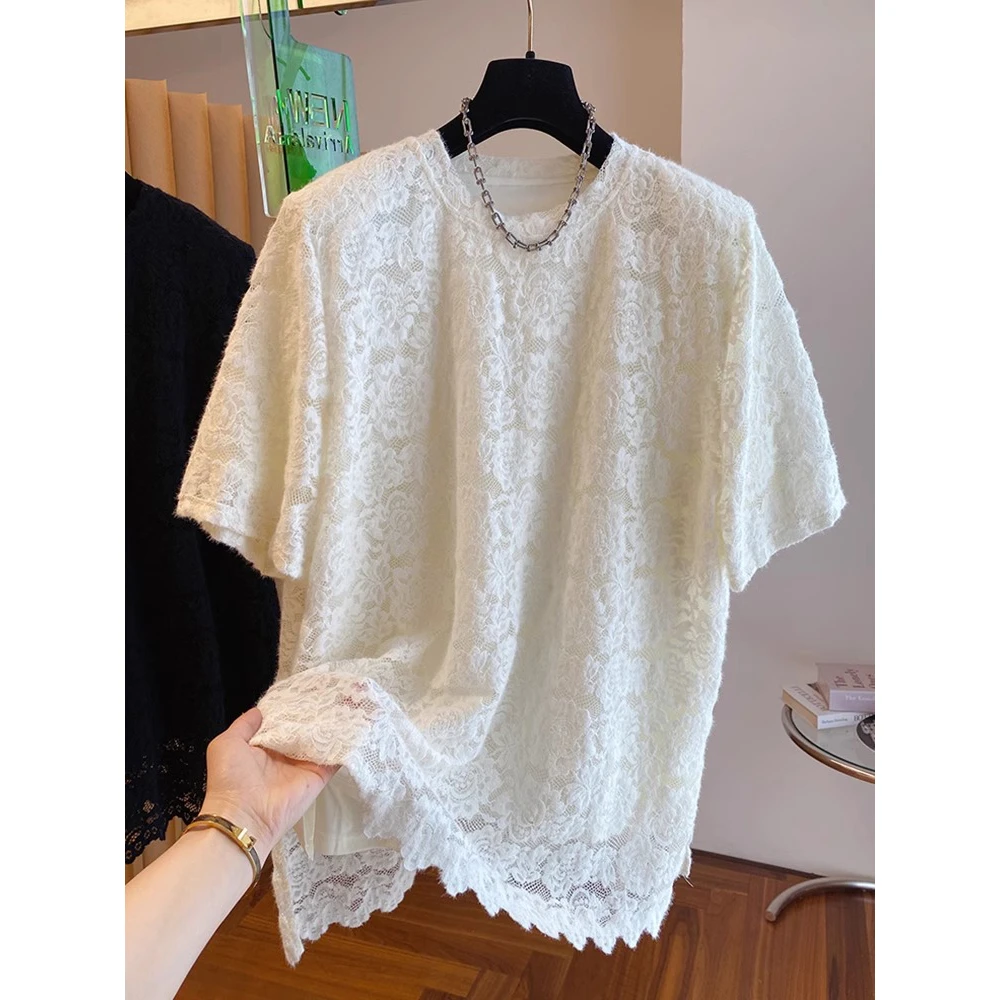 欧货240斤大码别致高级感蕾丝衫短袖T恤女夏季宽松胖妹妹显瘦上衣