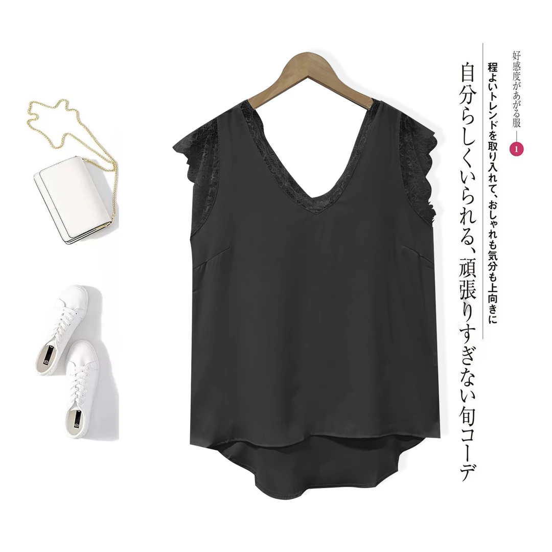 外贸订单!夏季百搭双V领蕾丝拼接不规则底边无袖背心ZJ558