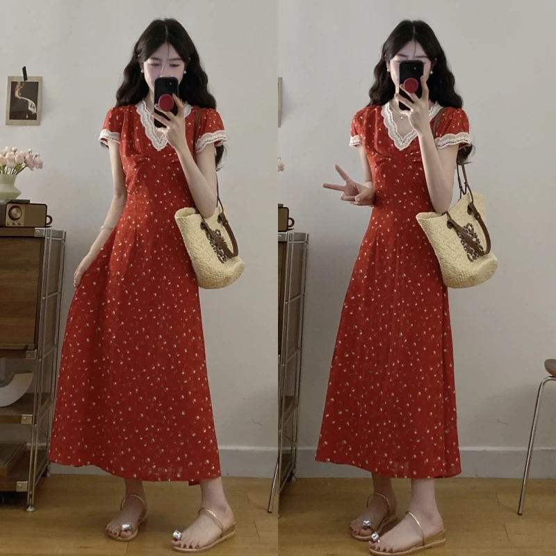 大码女装法式蕾丝花边拼接V领气质碎花连衣裙收腰显瘦长裙