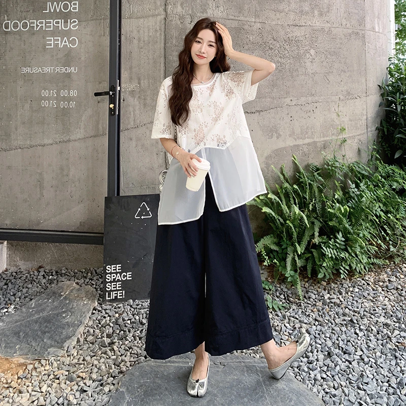 法式御姐风高级感穿搭套装女夏新款镂空网纱拼接上衣阔腿裤两件套