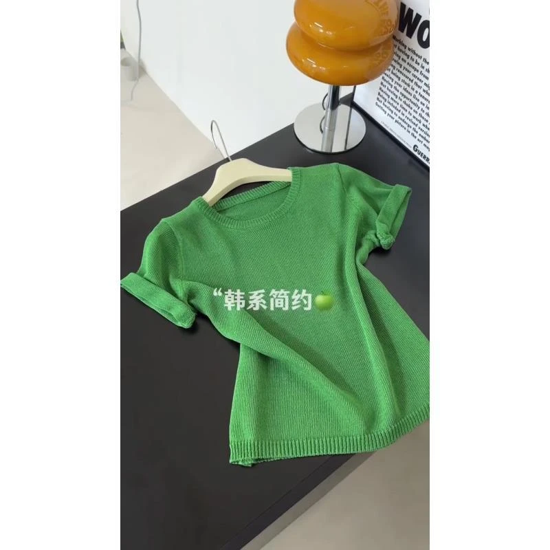2025新款简约纯色圆领宽松套头针织衫短袖女夏季绿色气质显白上衣