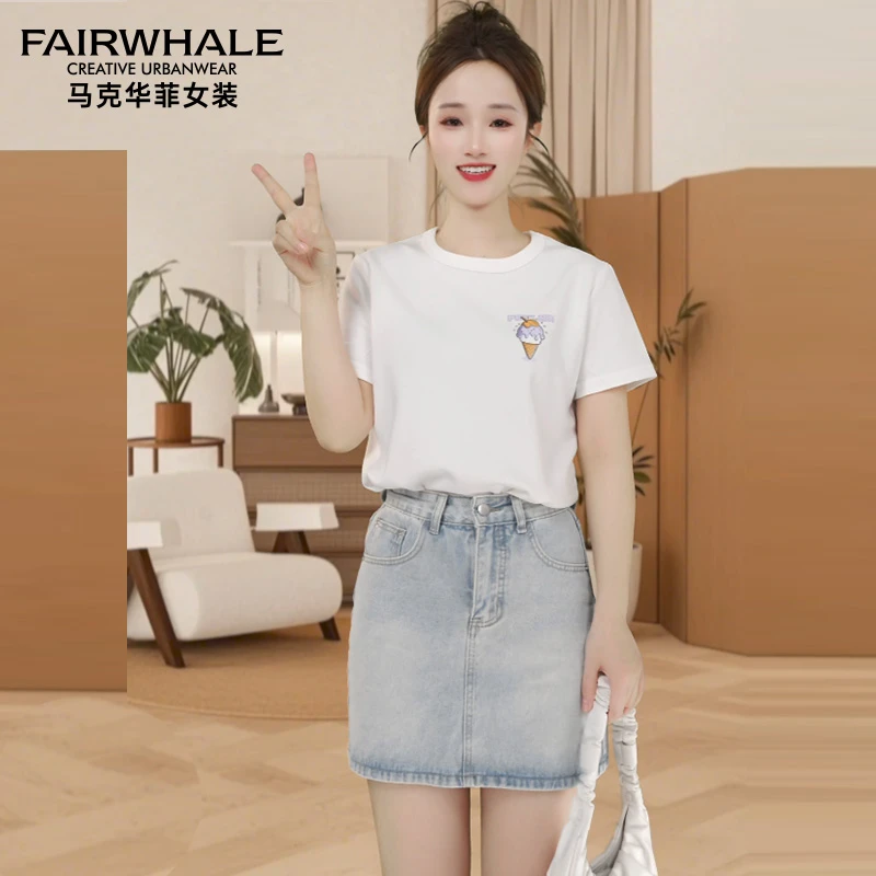 【纯棉】马克华菲圆领短袖T恤女2025夏季新款透气时尚百搭宽松小V潮