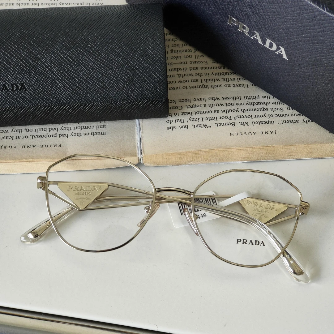 95新 Prada/普拉达 Azul-VPR52Z/53浅金框三角白金标平光镜41449