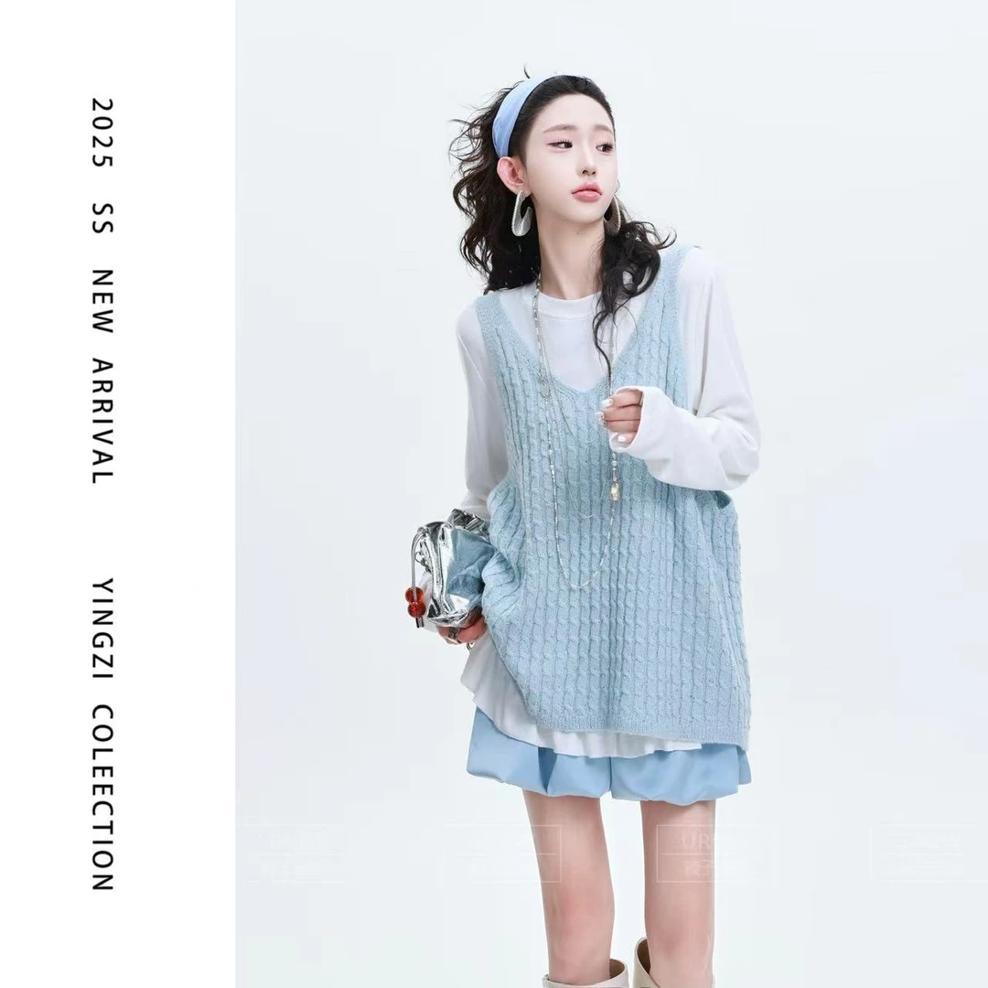 颖子定制【秋日私语】慵懒风宽松针织无袖马夹叠穿百搭针织上衣6678