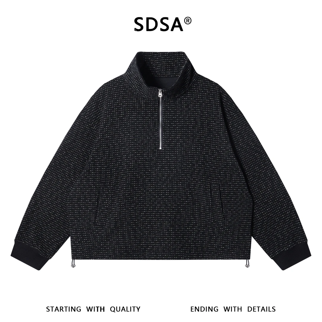 SDSA秋冬新款痞帅男装潮牌撞色半拉链立领针织卫衣下松紧设计百搭