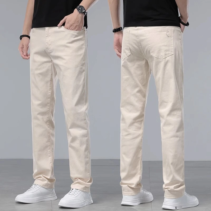 香港春季高端米白色牛仔裤男士宽松直筒男裤子2025新款浅色休闲裤