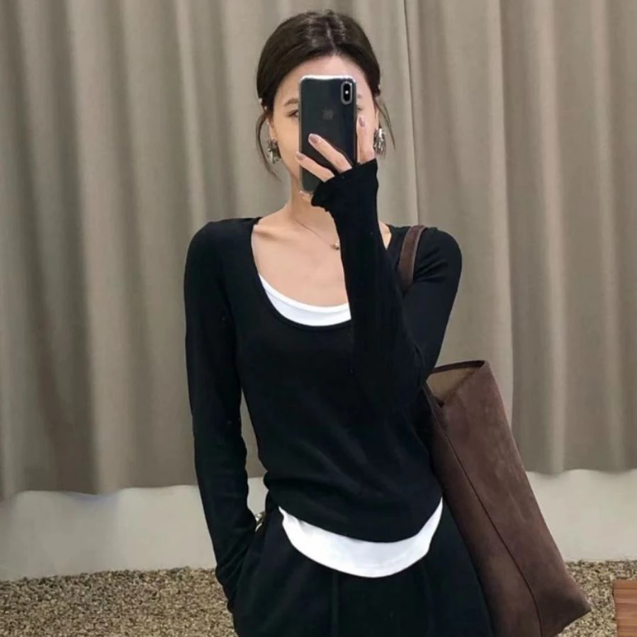 时尚不规则秋冬百搭黑色长袖T恤内搭女修身打底衫加绒打底上衣