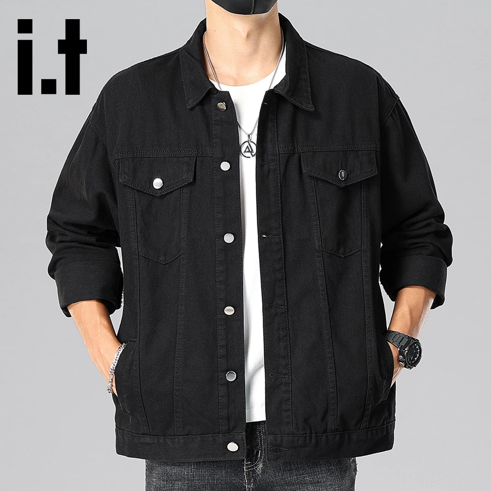 it:CHOCOOLATE黑色简约翻领牛仔夹克男士秋冬新款潮流百搭外套