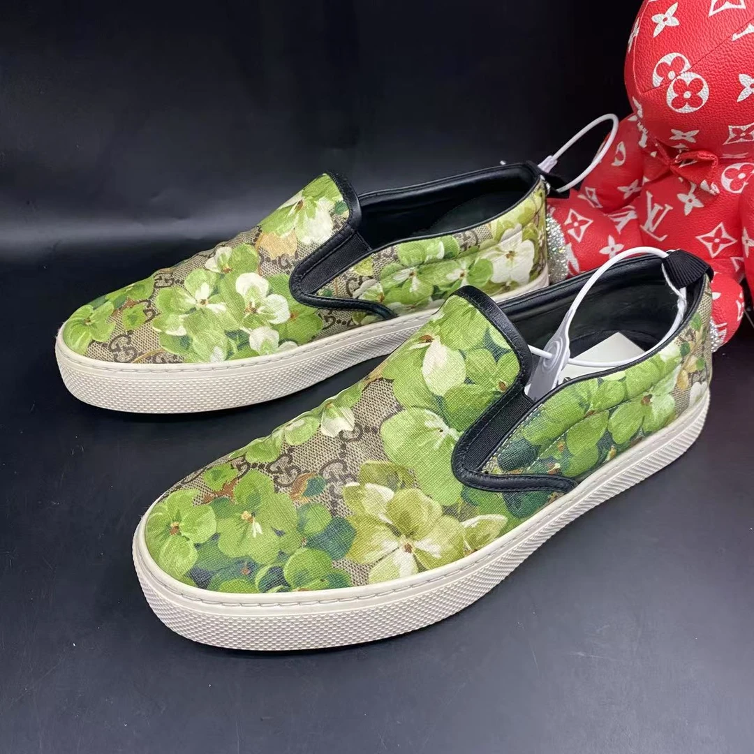 95新 GUCCI/古驰 棕色老花绿色花卉舒适一脚蹬38.5欧码ddm2243