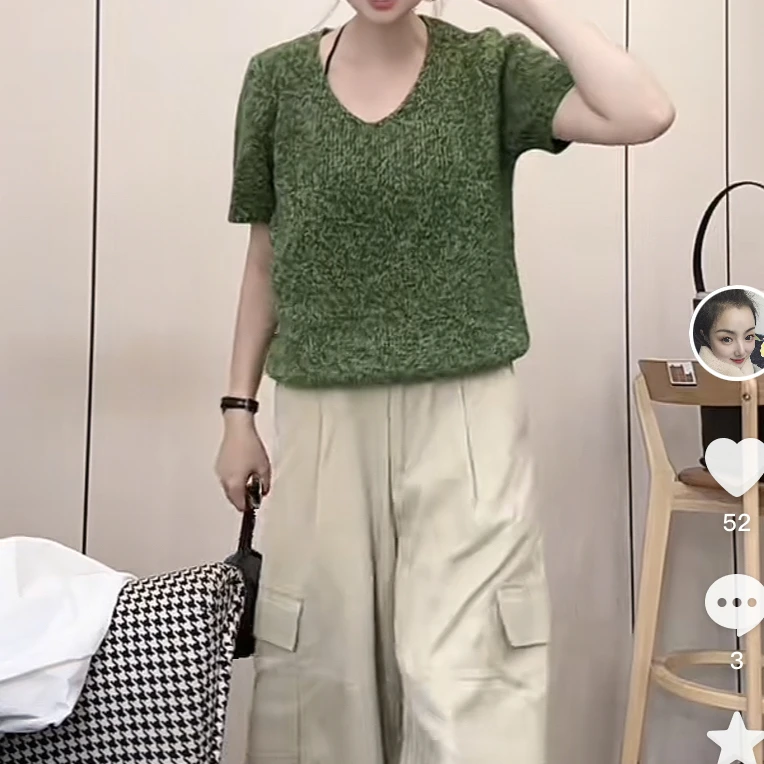 欧货V领羊毛针织短袖