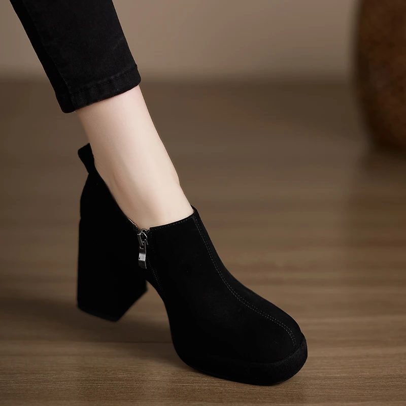 小个子手工女鞋9cm~新款深口单鞋女不累脚防水台高跟鞋通勤小皮鞋