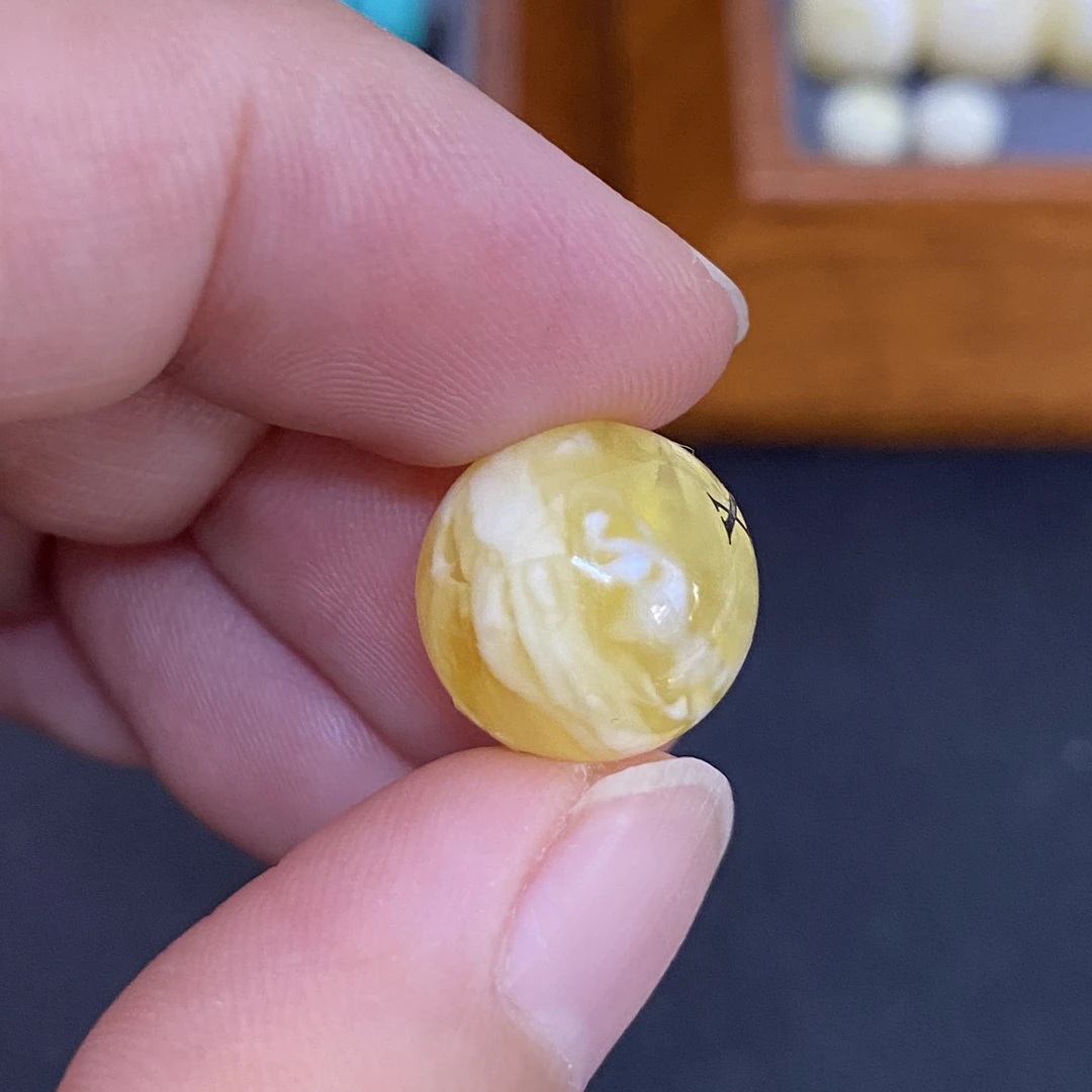 天然蜜蜡俄料12.7mm透金瓷白圆珠虎皮纹猴头星月文玩手串配饰单珠