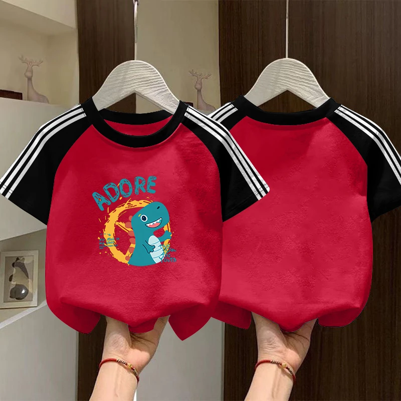 新款时尚条纹短袖T恤夏季中大童宝宝运动休闲撞色纯棉T恤男女童潮