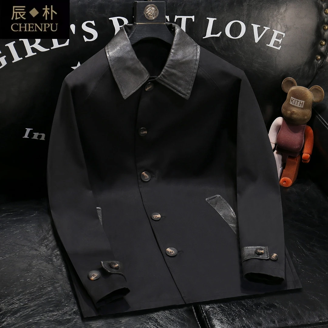 宾斯洛特新款一手长pu皮马肯翻领风衣中长款韩版简约休闲百搭外套