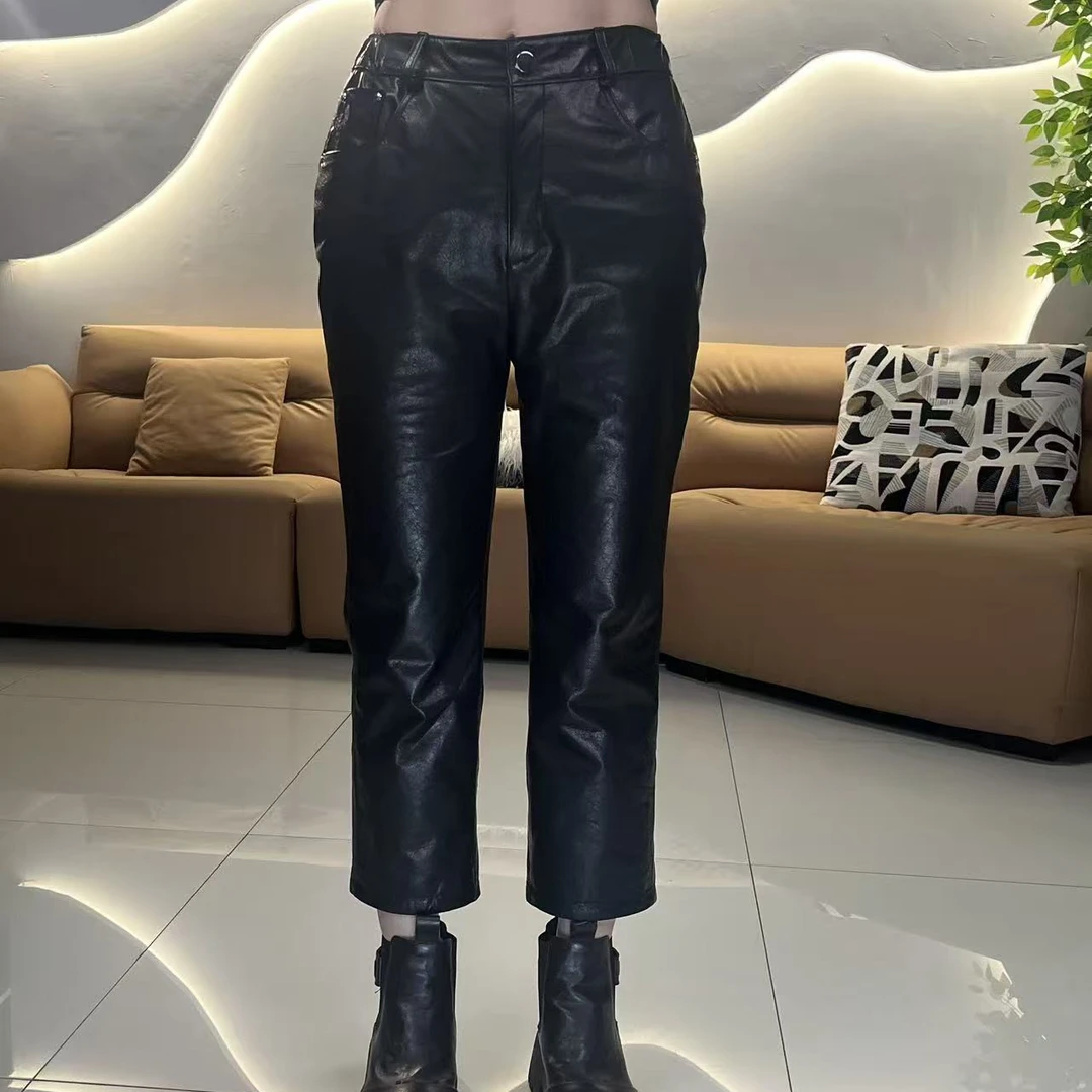 【宾姐服饰】（款号25080）新款真皮牛皮九分烟筒真皮裤（裤长87公分）