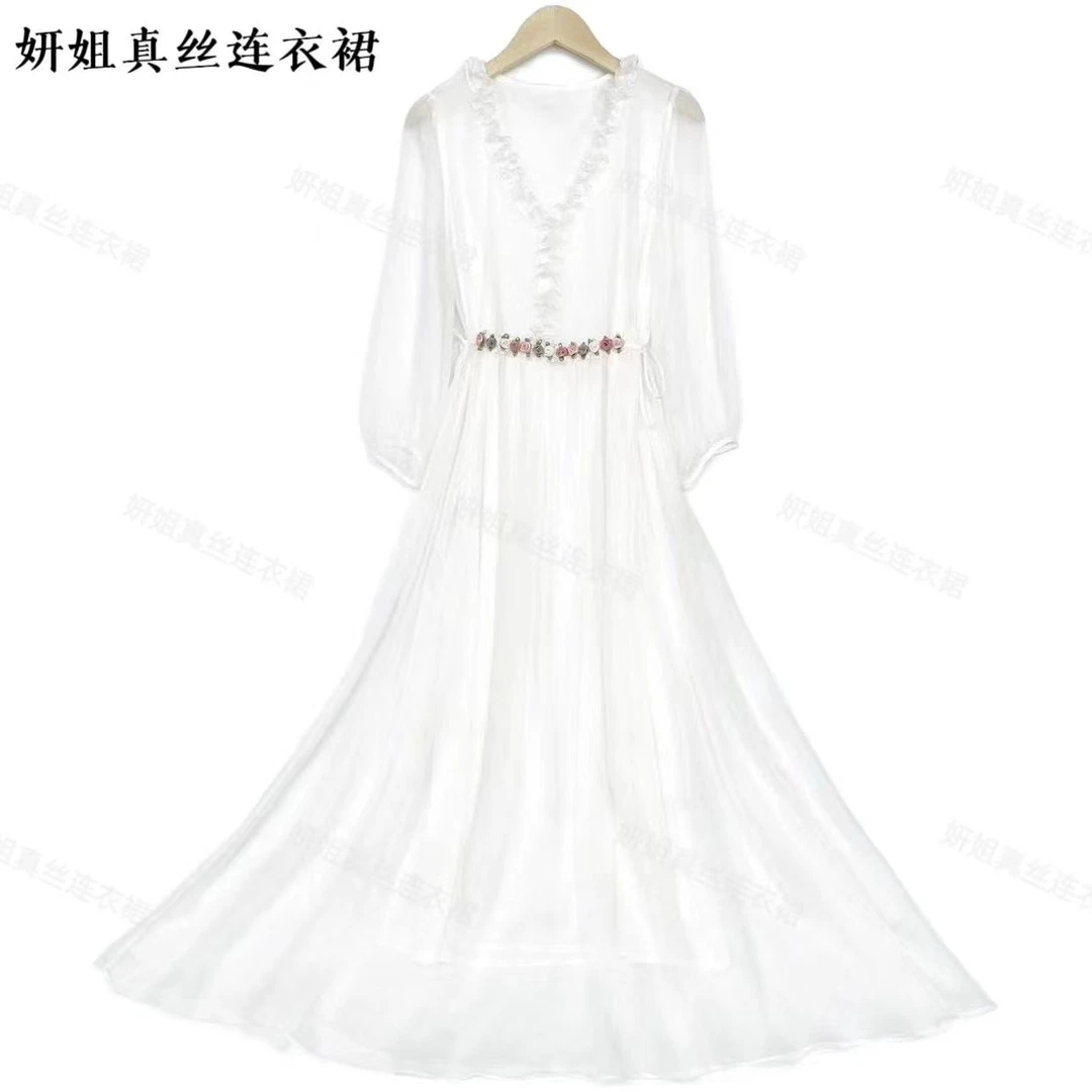 【精品.】夏季气质春夏时尚百搭轻奢女装夏季真丝长裙白色 230221