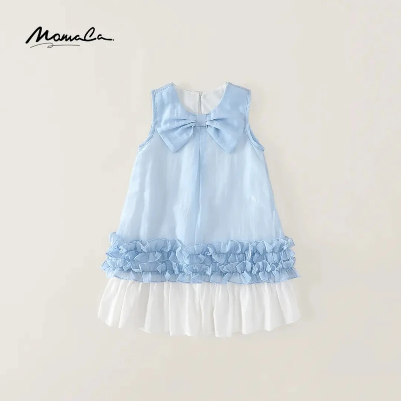 MOMOCO夏季女童甜美可爱蝴蝶结花边无袖蓝色连衣裙77620470029