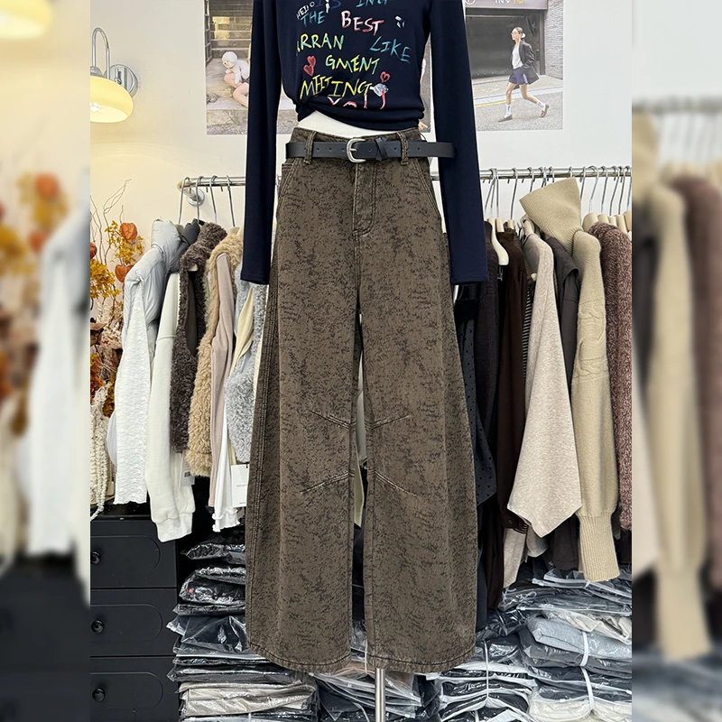 复古提花水洗弯刀牛仔裤女冬季新款大码胖mm小个子加厚直筒阔腿裤