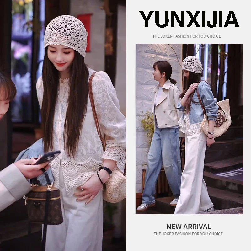 2025开春一整套女新款时尚蕾丝拼接短款牛仔外套内搭直筒裤三件套