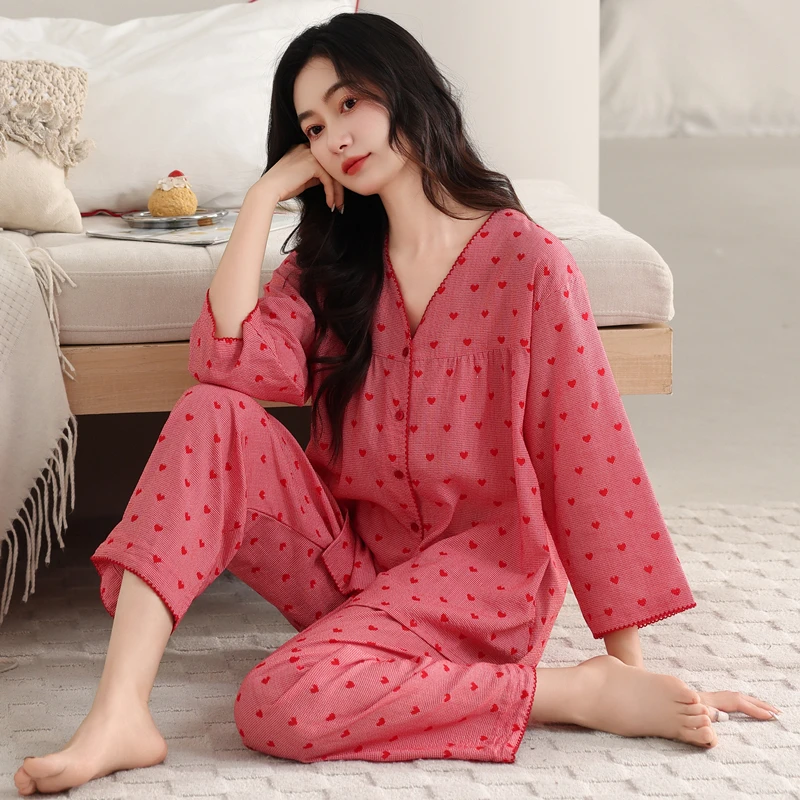 睡衣女夏季七分袖长裤纯棉新款女士宽松大码春秋季夏天薄款家居服