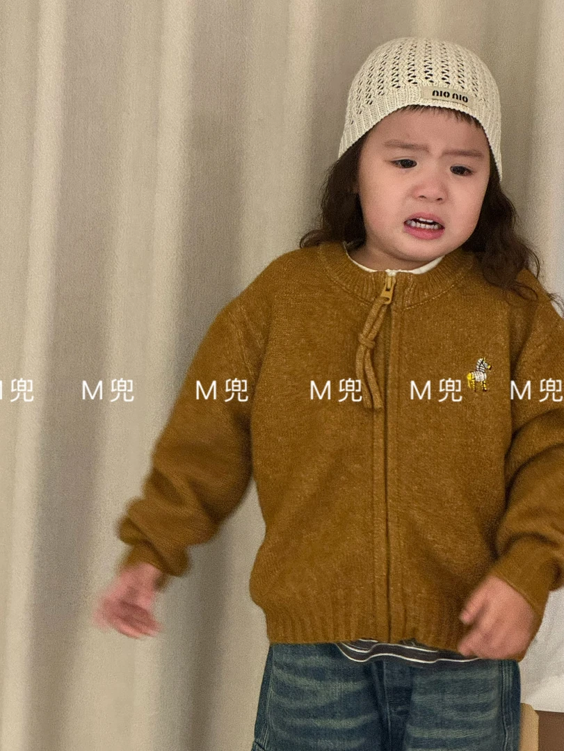 MD25年新款拉链斑马刺绣针织黄色系开衫外套男女同款儿童外套